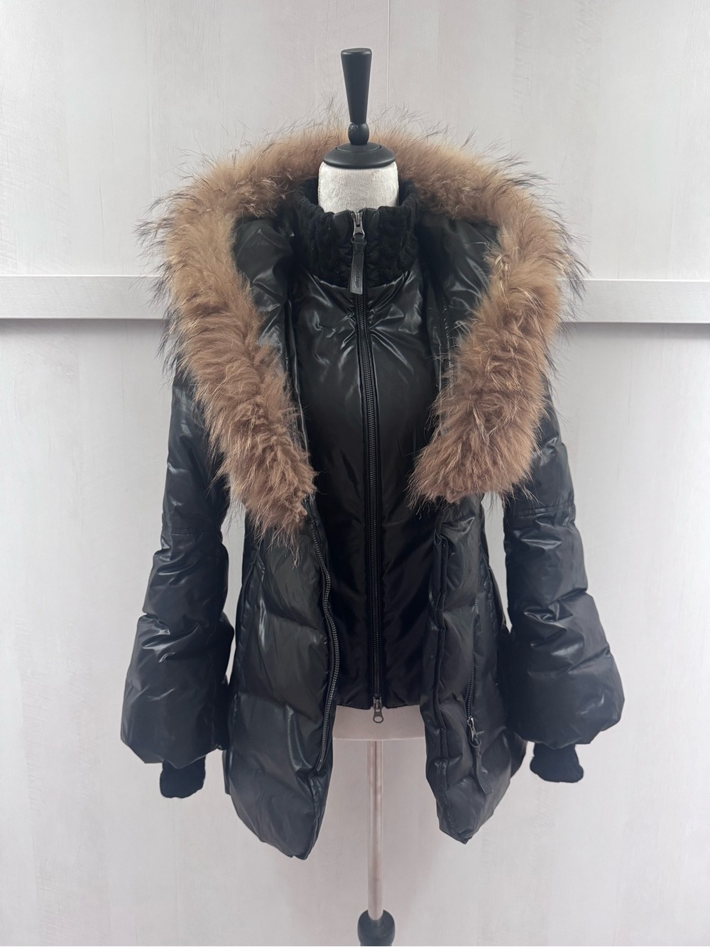 Mackage Black Puffer Jacket with Fox Fur Hood Trim - Size Small
